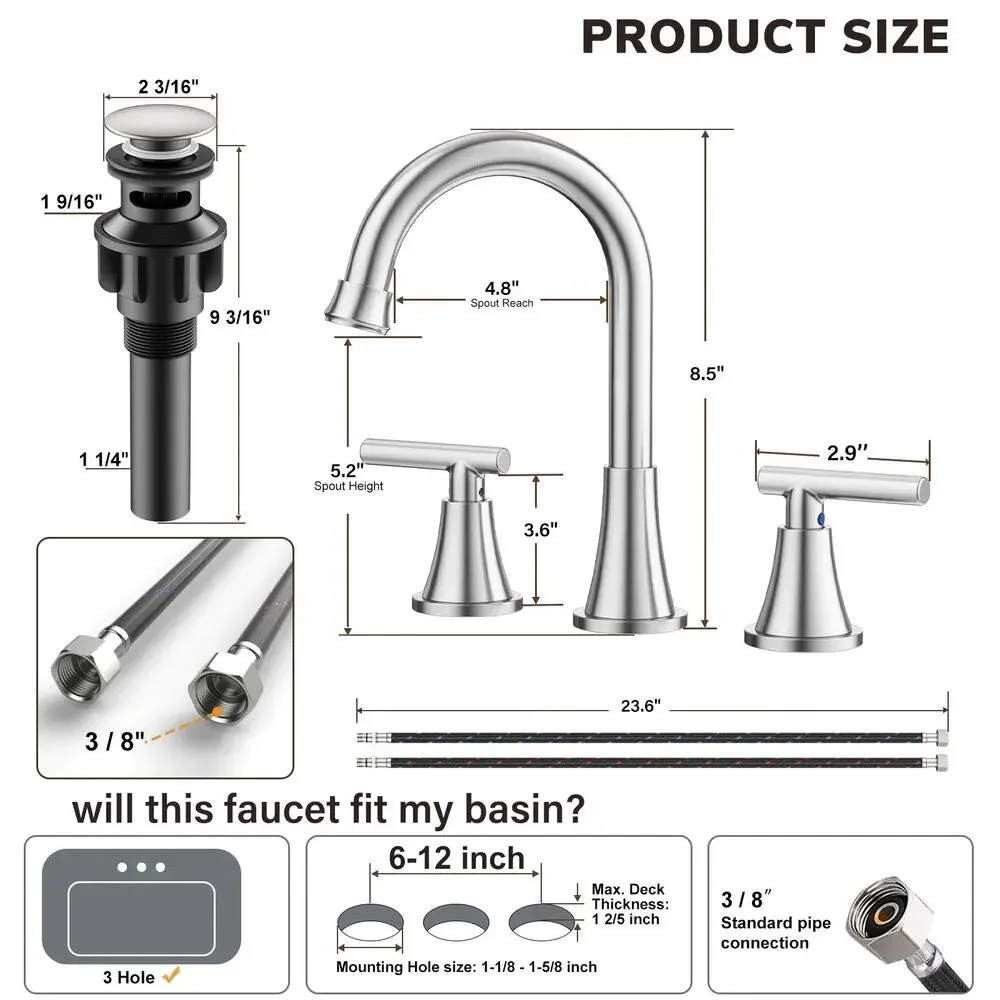 BRAND NEW ~ Brushed Nickel Bathroom Sink 3 Hole Faucet Pop Up Drain Supply Lines